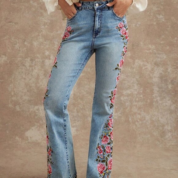 Light Wash Boho Women's High Rise Floral Denim Jeans - Picture 6 of 7
